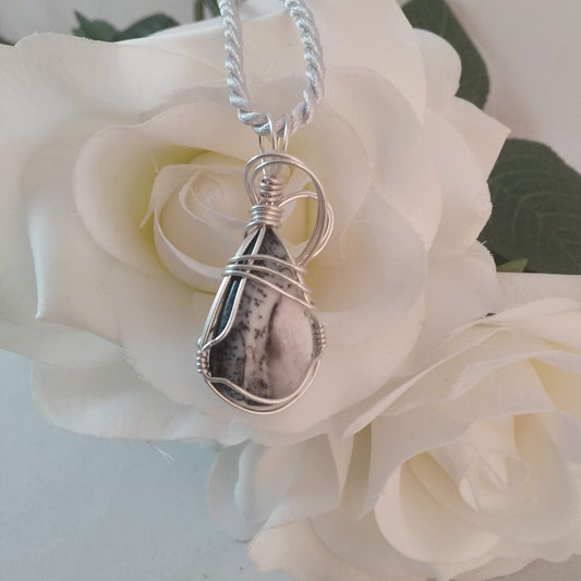 Dendrite agate pendant in sterling silver wire wrap