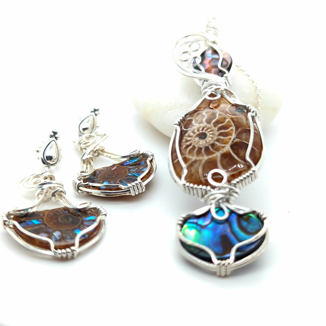 Ammonite and abalone pendant and earrings