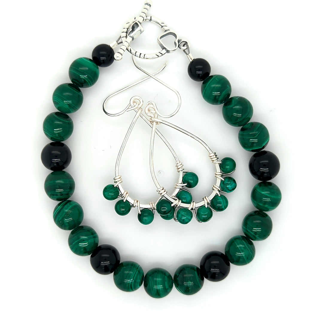 Malachite and black jet bracelet and earring set