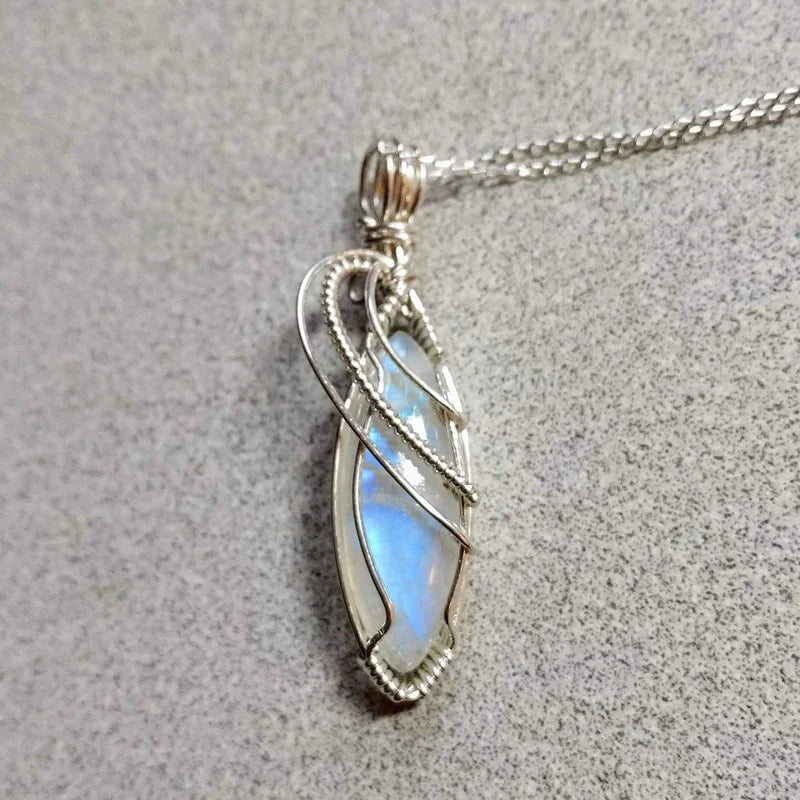 Sterling Silver wire wrapped rainbow moonstone pendant